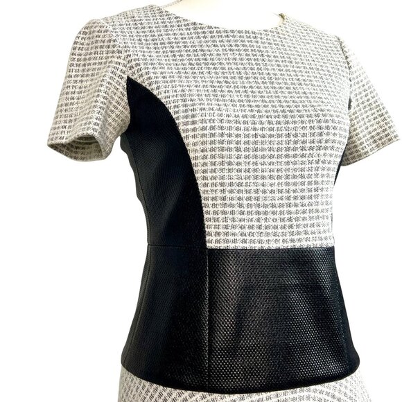 Tibi Whitby Faux Leather Panel Fit & Flare Dress 2 Stretch Tweed Monochrome - Picture 3 of 11